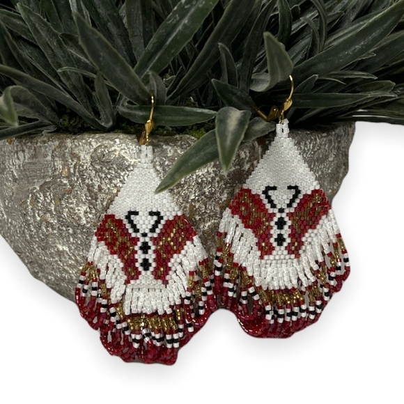 Gorgeous Seed Bead Native American Style Pierced Earrings Butterfly Maroon Gold - Picture 6 of 8